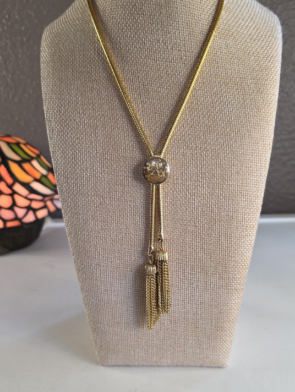 Gold Tassel Lariat Necklace with Scroll Work Accent - Women Jewelry